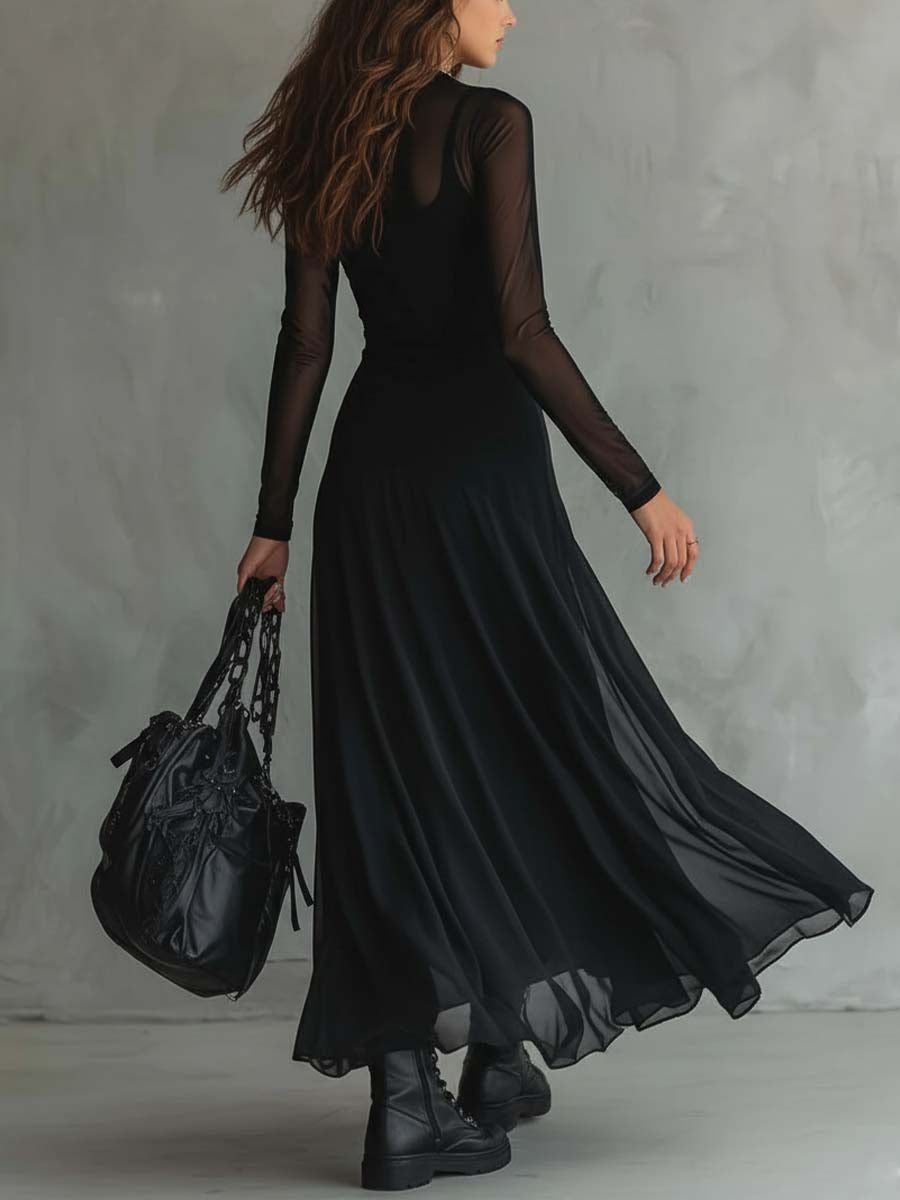 Elena | Robe maxi noire avec des manches transparentes