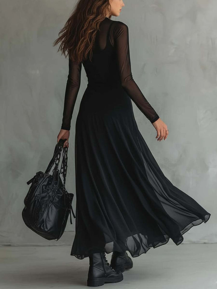 Elena | Robe maxi noire avec des manches transparentes