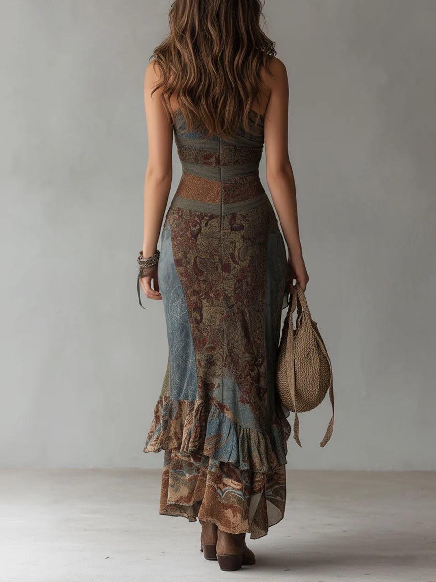 Elena | Robe Maxi Imprimée à Épaule Dénudée avec Fente Volante