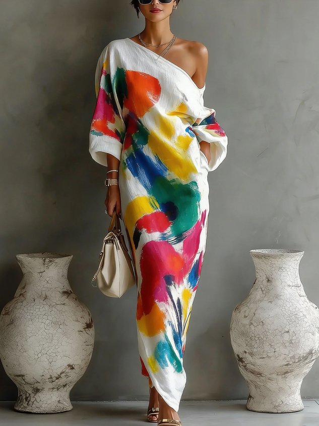Jinella - Robe Maxi Imprimé Abstrait à Une Épaule