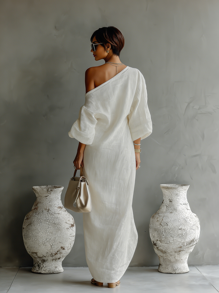 Robe Élegante Fluide Blanche Ivoire à Épaules Dénudées