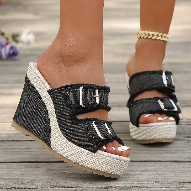Zoya - Sandales à Talon Wedge avec Bord Effiloché et Confort Moderne