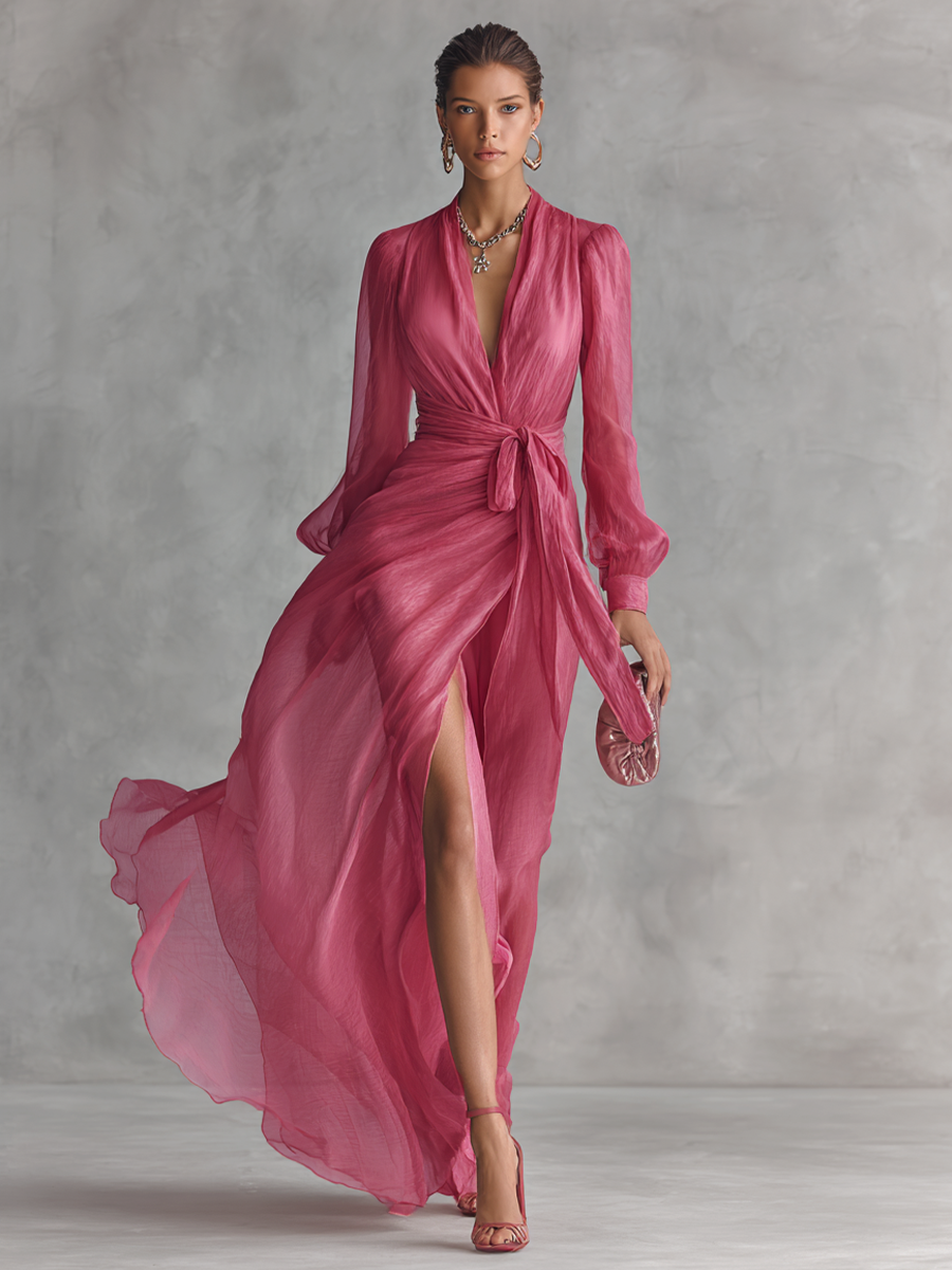 Robe longue élégante rose avec perles et décolleté en V pour femmes