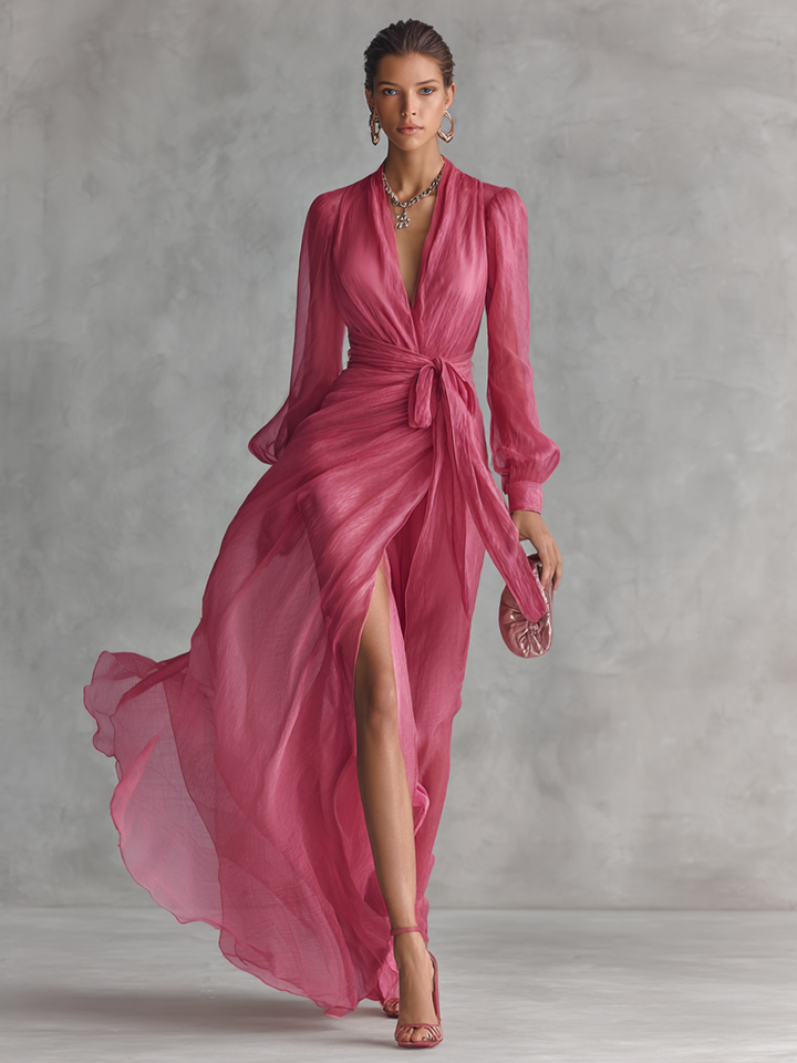 Robe longue élégante rose avec perles et décolleté en V pour femmes