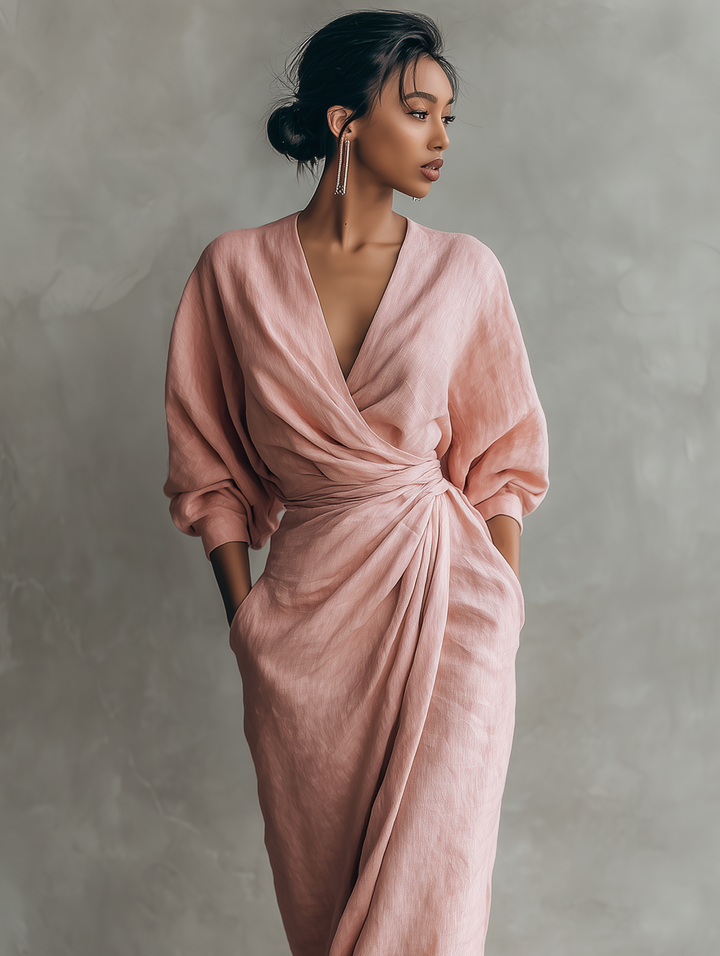 Robe Maxi Minimaliste Rose avec Décolleté en V pour Femmes