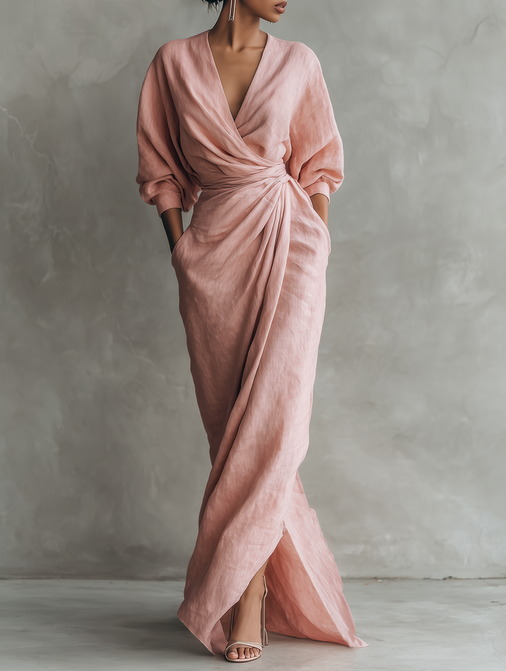 Robe Maxi Minimaliste Rose avec Décolleté en V pour Femmes