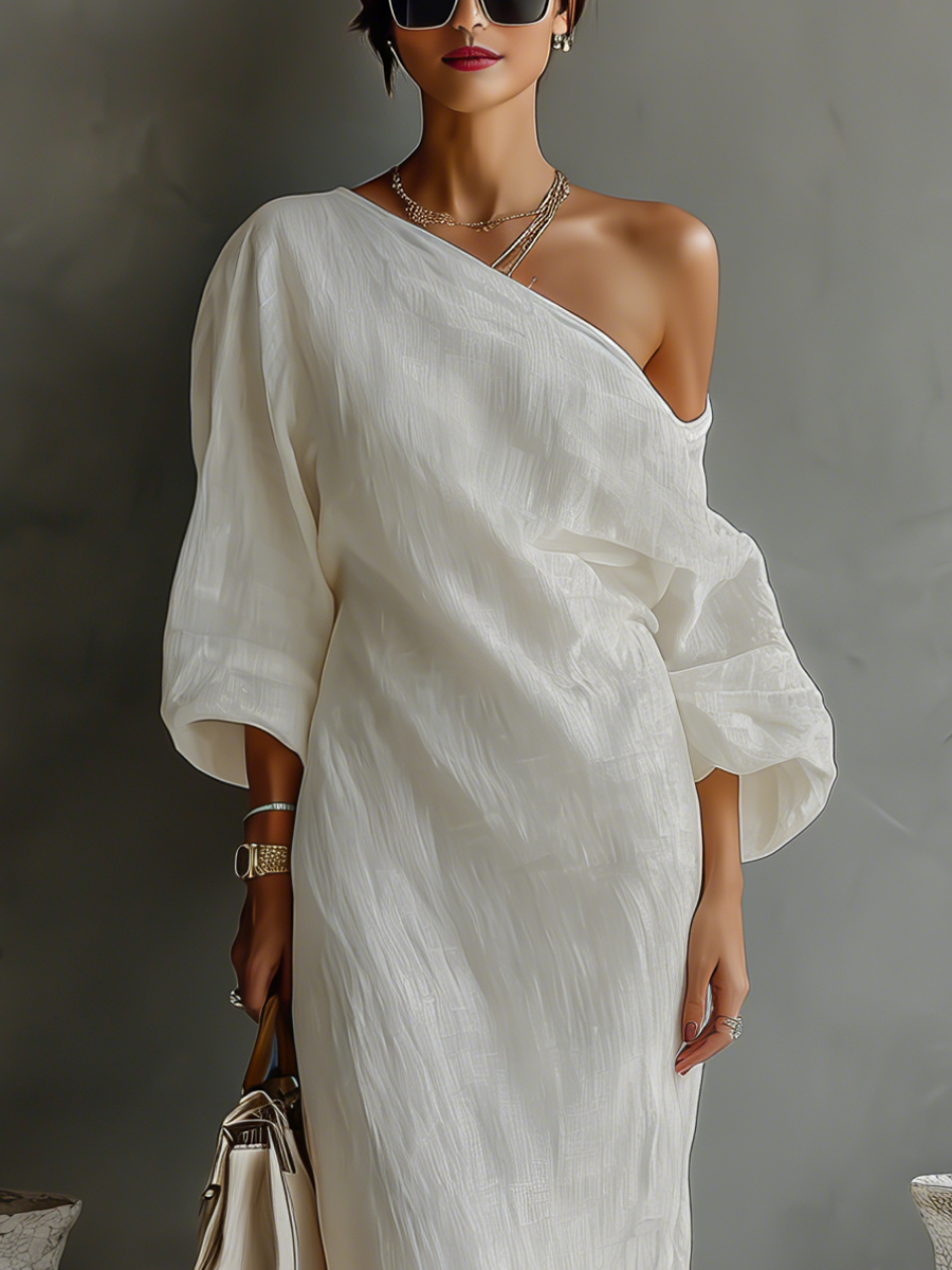 Robe Élegante Fluide Blanche Ivoire à Épaules Dénudées
