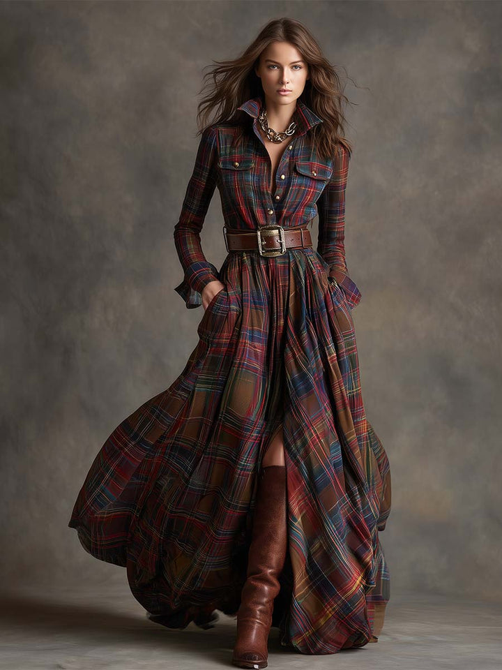 Scarlett | Robe Chemise Maxi à Carreaux à Manches Longues avec Ceinture