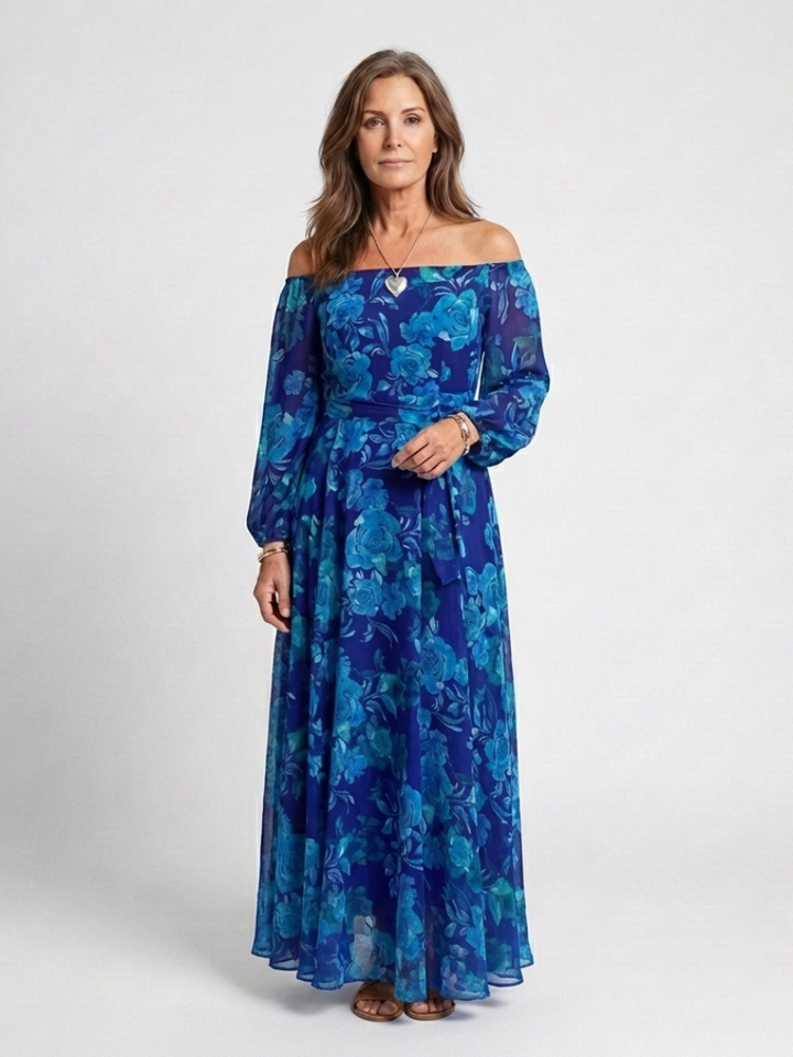 Pénélope - Robe Maxi Fleurie à Epaule Dégagée