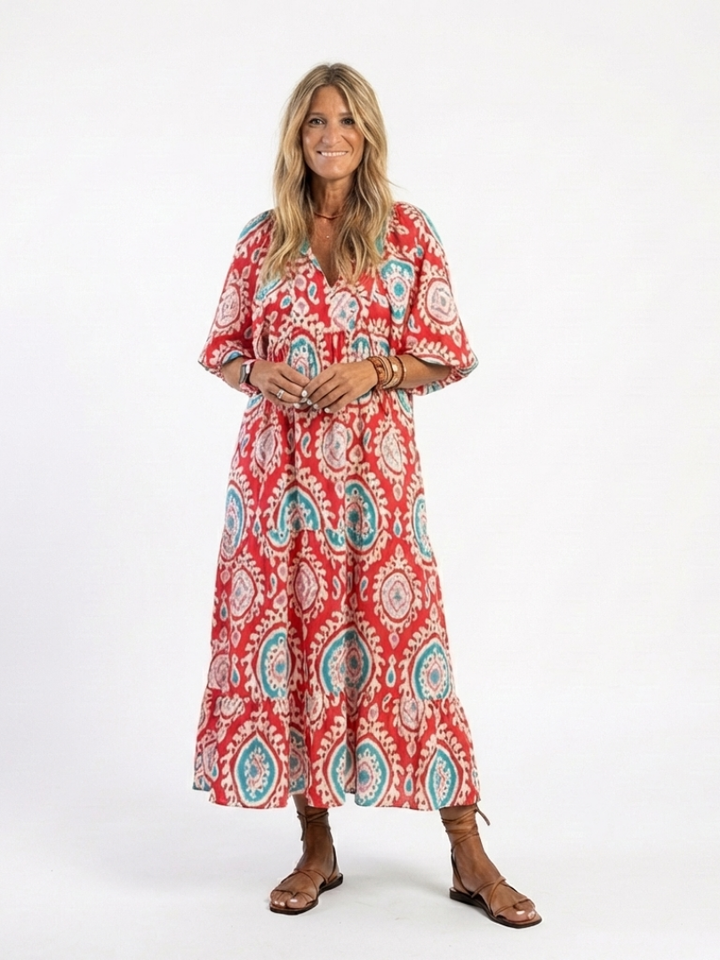 Ria - Robe Midi à Imprimé Paisley avec Encolure en V et Manches Courtes