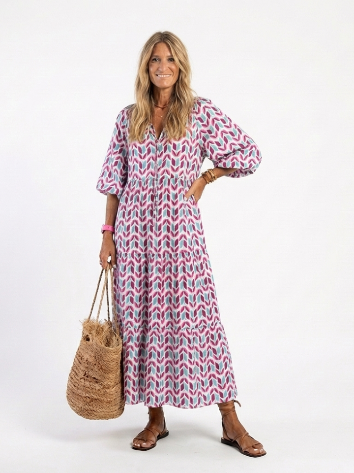 Myra - Robe Midi à Imprimé Géométrique à Manches Longues