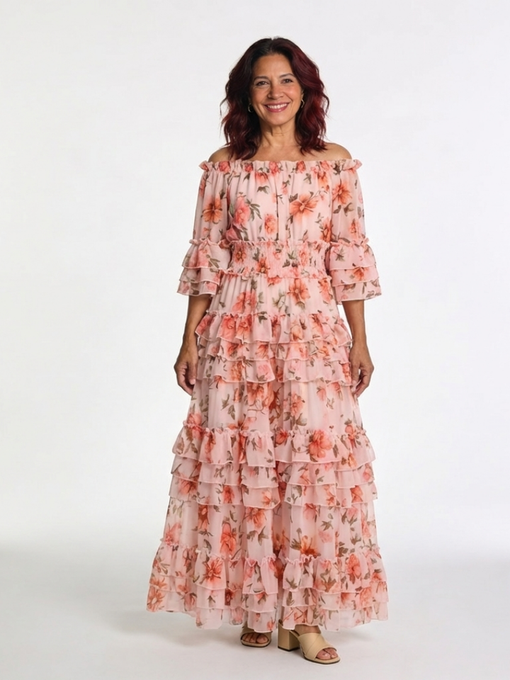 Sally - Robe Maxi à Volants Fleurie Off-Shoulder