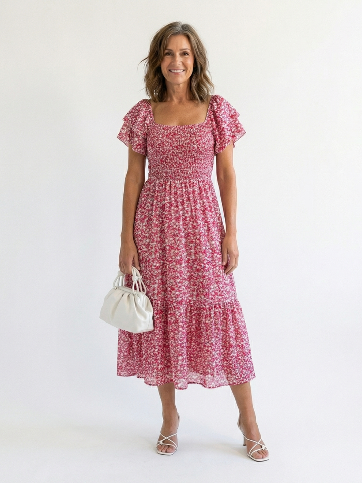 Olive - Robe Midi Fleurs à Épaules Dégagées