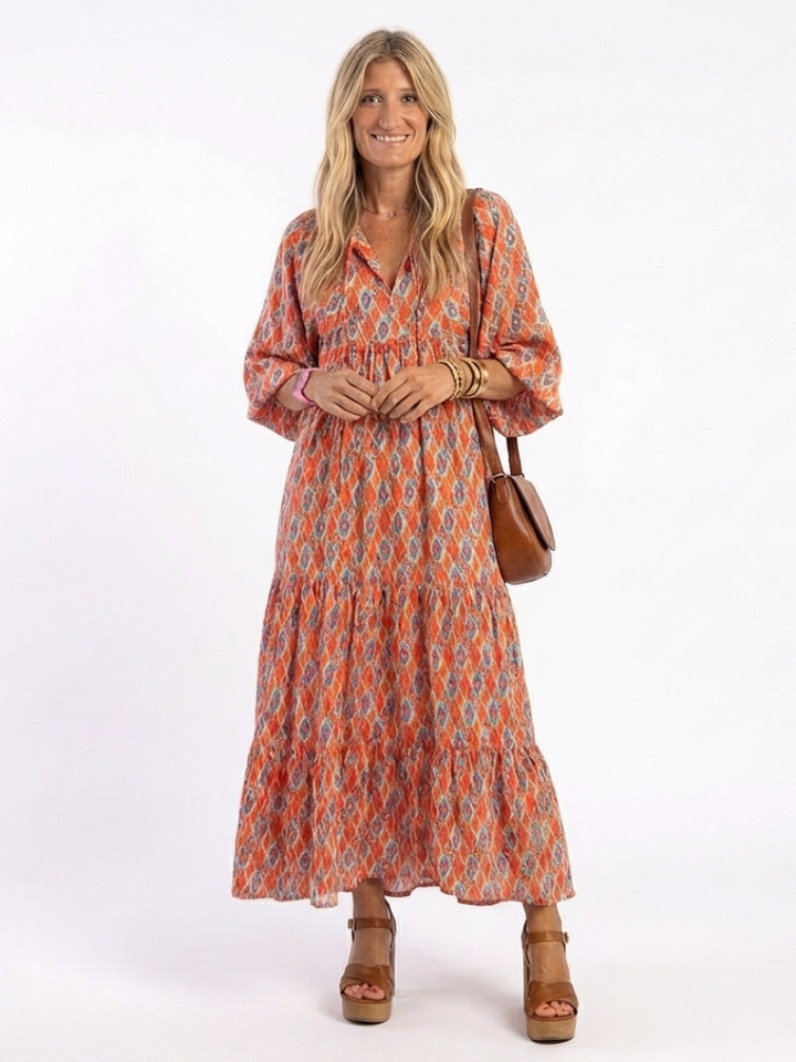 Mauie - Robe Midi V-Neck à Imprimé Géométrique