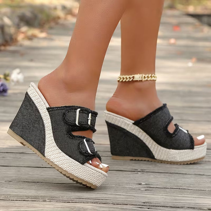 Zoya - Sandales à Talon Wedge avec Bord Effiloché et Confort Moderne