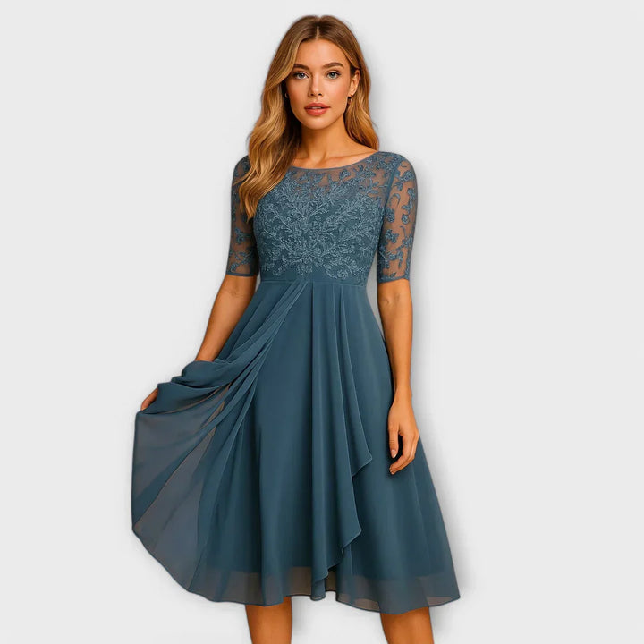 Myrna – Robe Midi Élégante avec Manches en Dentelle