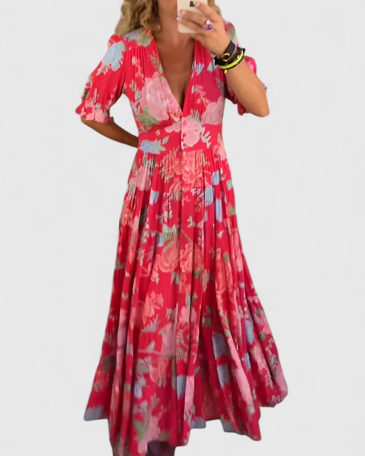Cerise - Robe Florale Élégante à Décolleté en V