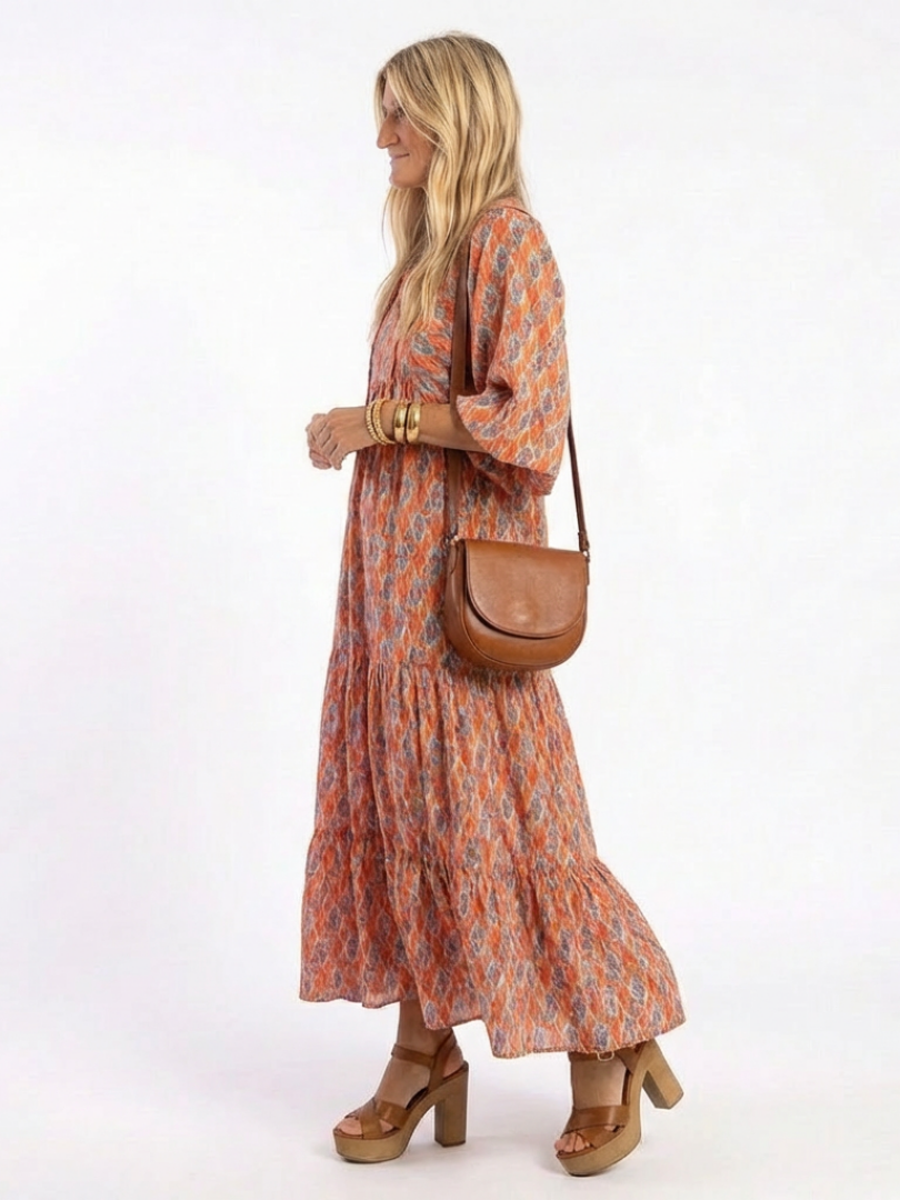 Mauie - Robe Midi V-Neck à Imprimé Géométrique