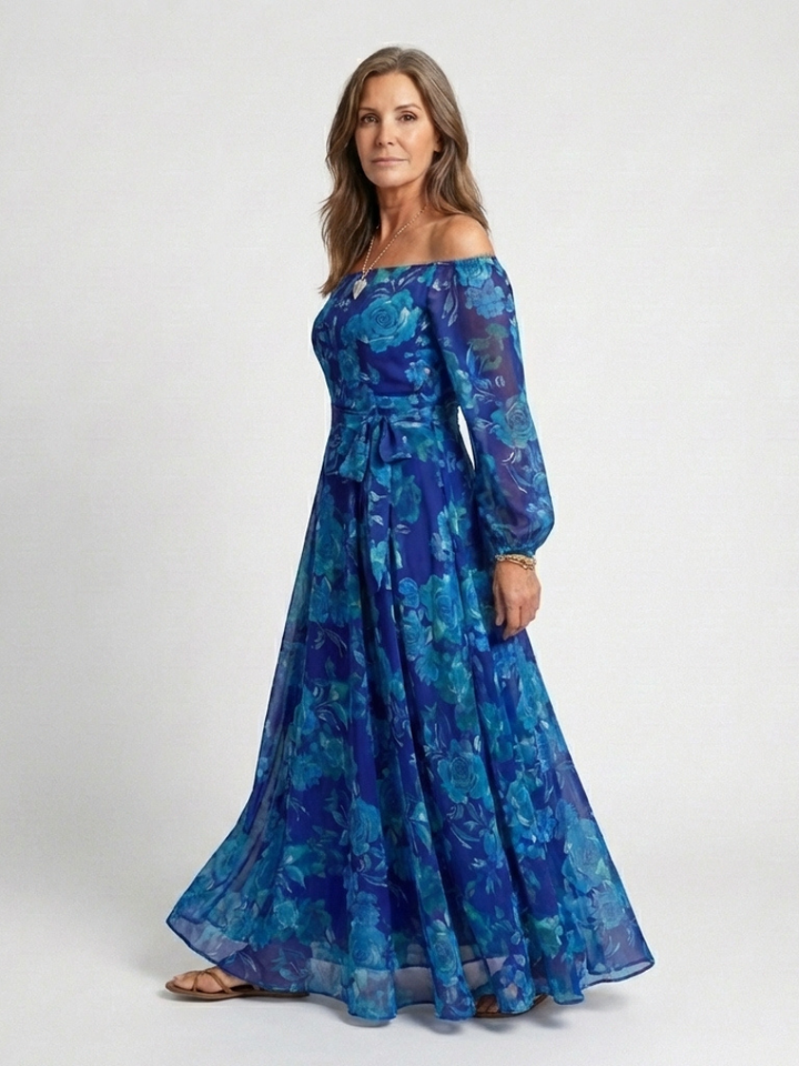 Pénélope - Robe Maxi Fleurie à Epaule Dégagée