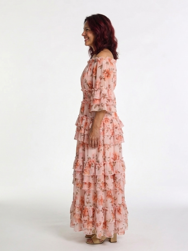 Sally - Robe Maxi à Volants Fleurie Off-Shoulder