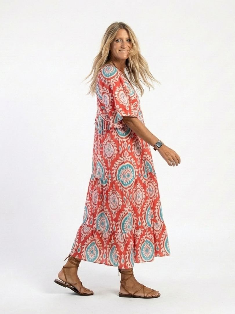 Ria - Robe Midi à Imprimé Paisley avec Encolure en V et Manches Courtes