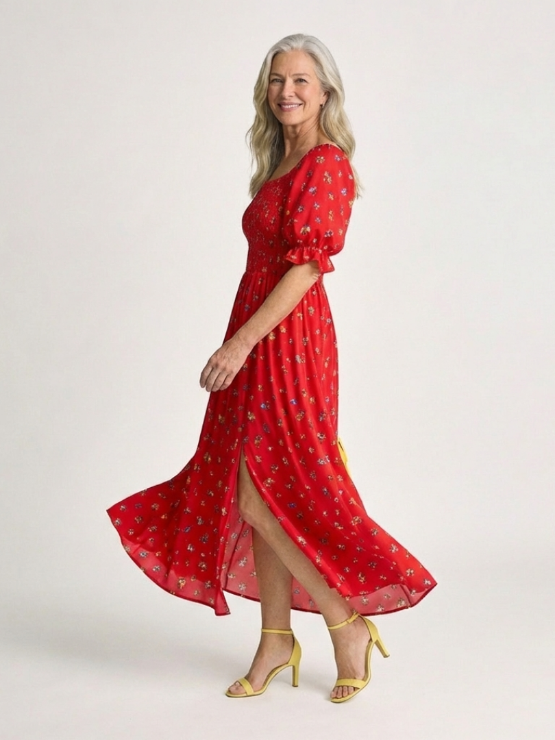 Dasey - Robe Midi à Encolure Carrée à Imprimé Floral