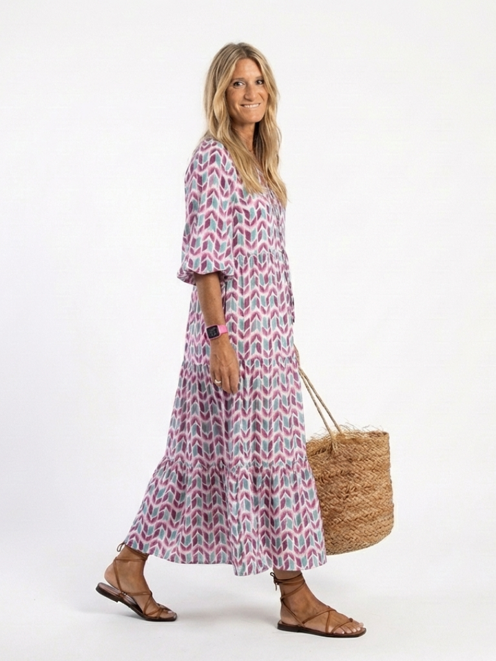 Myra - Robe Midi à Imprimé Géométrique à Manches Longues