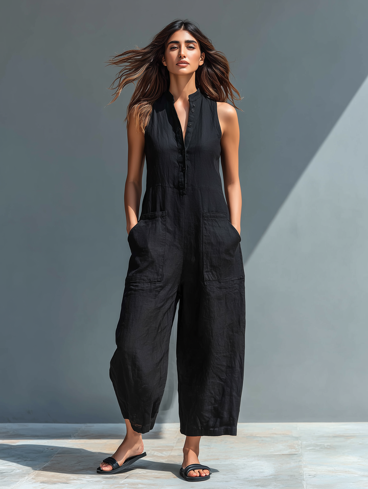 Combinaison Minimaliste Sans Manches pour Femmes avec Col Montant et Boutons