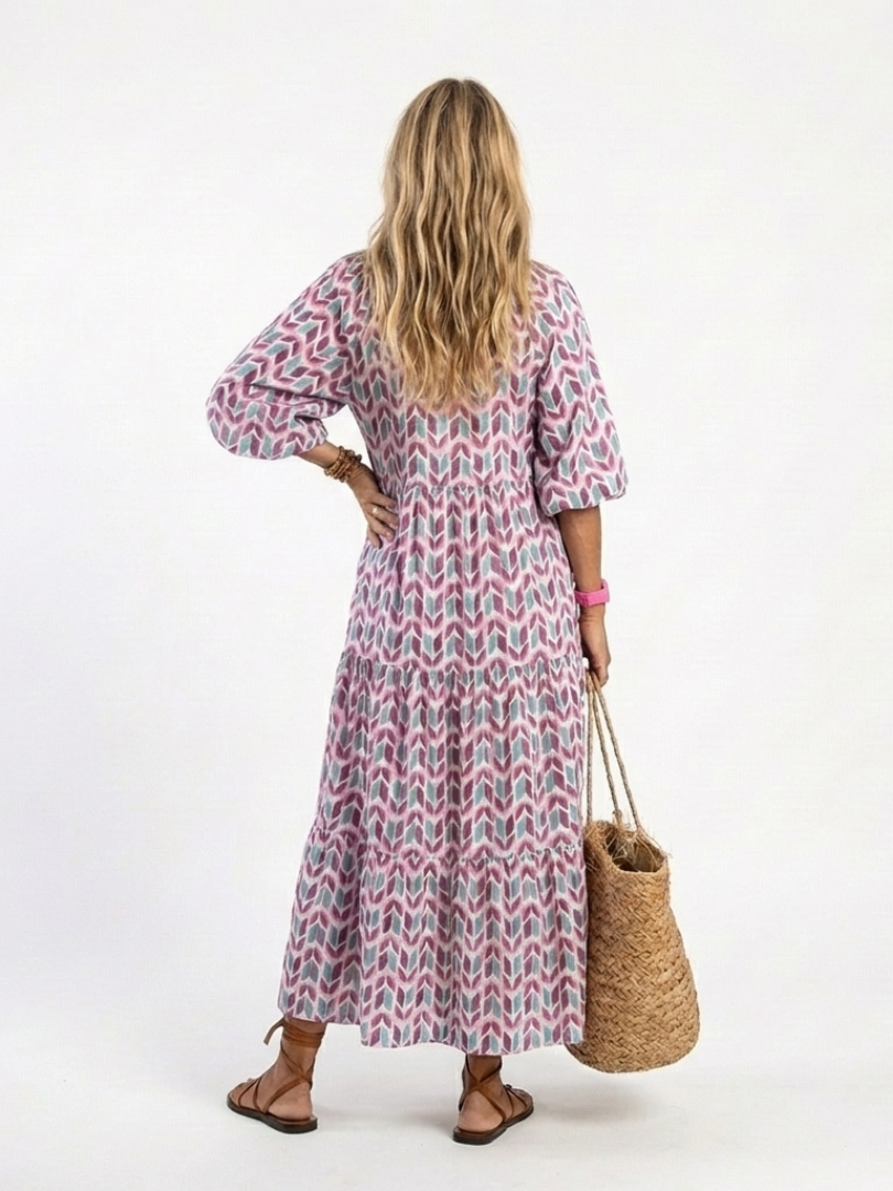 Myra - Robe Midi à Imprimé Géométrique à Manches Longues