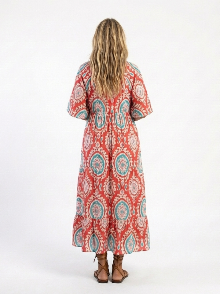 Ria - Robe Midi à Imprimé Paisley avec Encolure en V et Manches Courtes