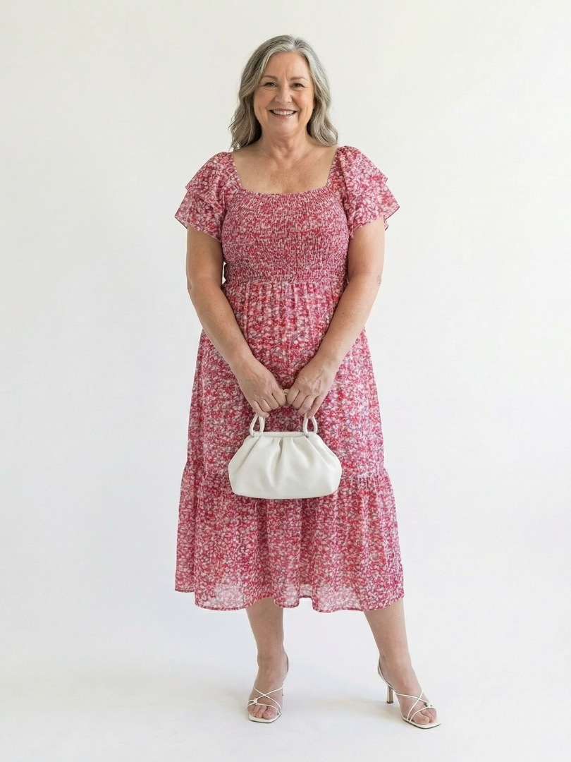 Olive - Robe Midi Fleurs à Épaules Dégagées