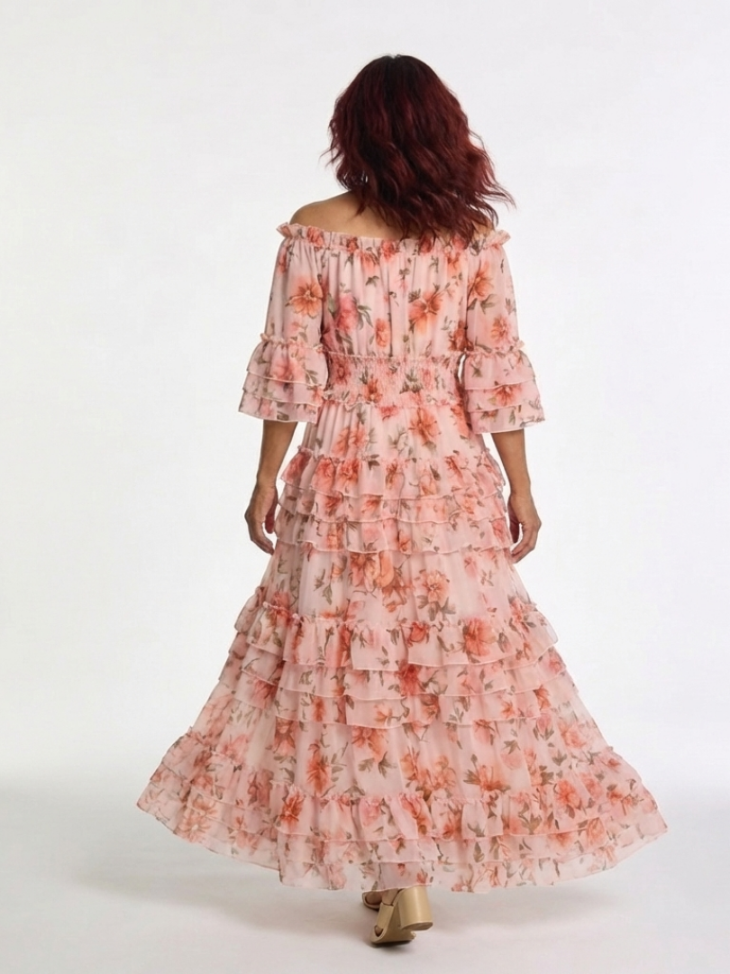 Sally - Robe Maxi à Volants Fleurie Off-Shoulder