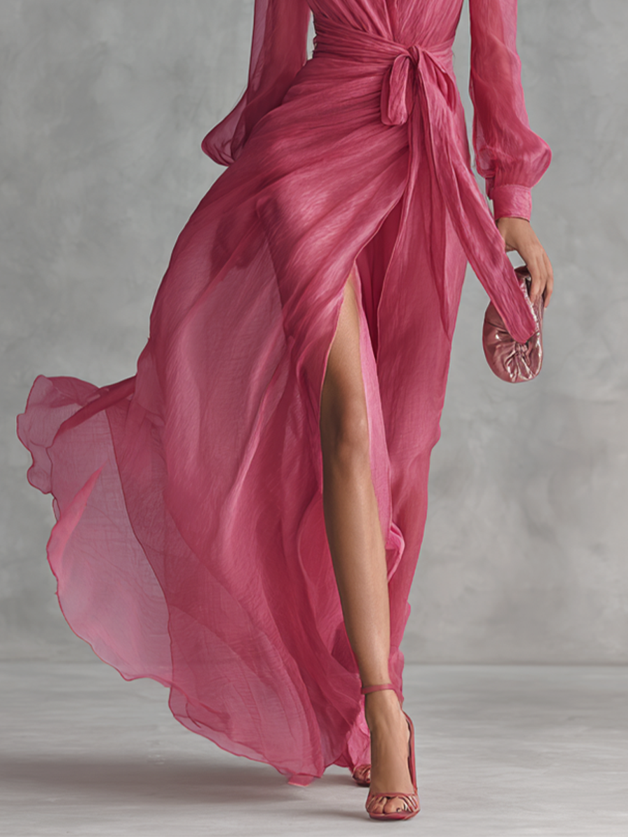 Robe longue élégante rose avec perles et décolleté en V pour femmes