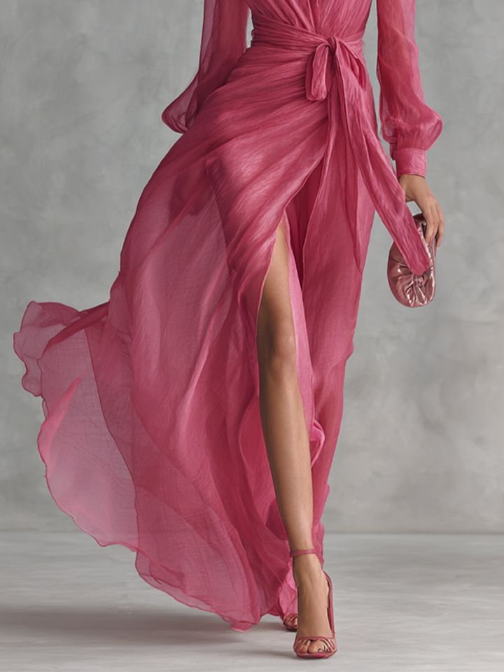 Robe longue élégante rose avec perles et décolleté en V pour femmes