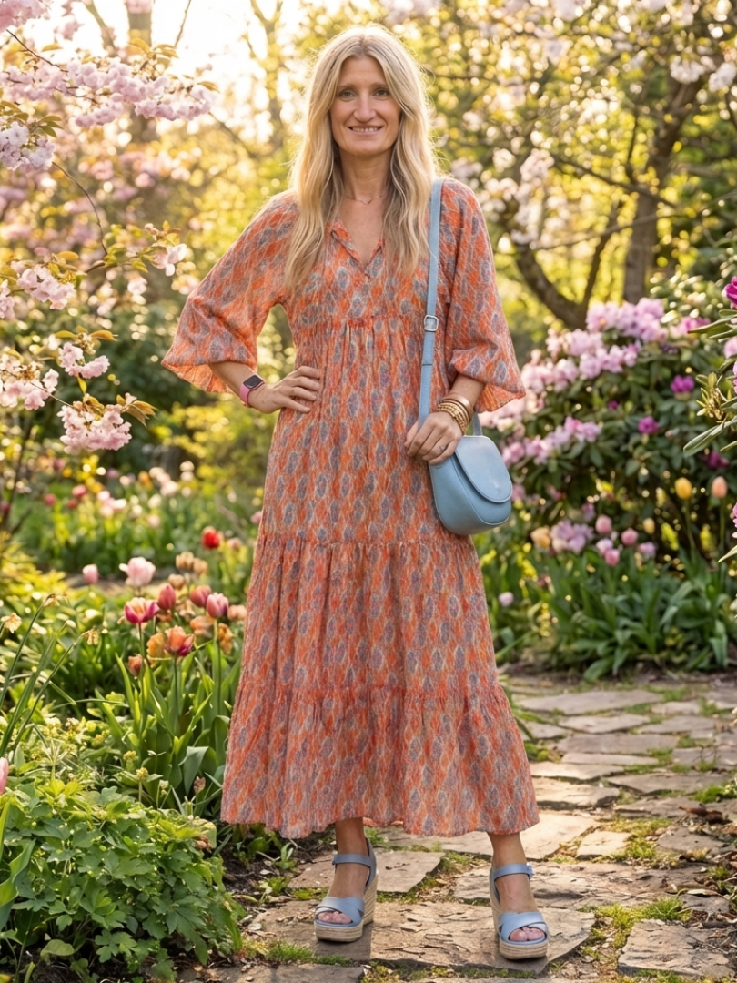 Mauie - Robe Midi V-Neck à Imprimé Géométrique