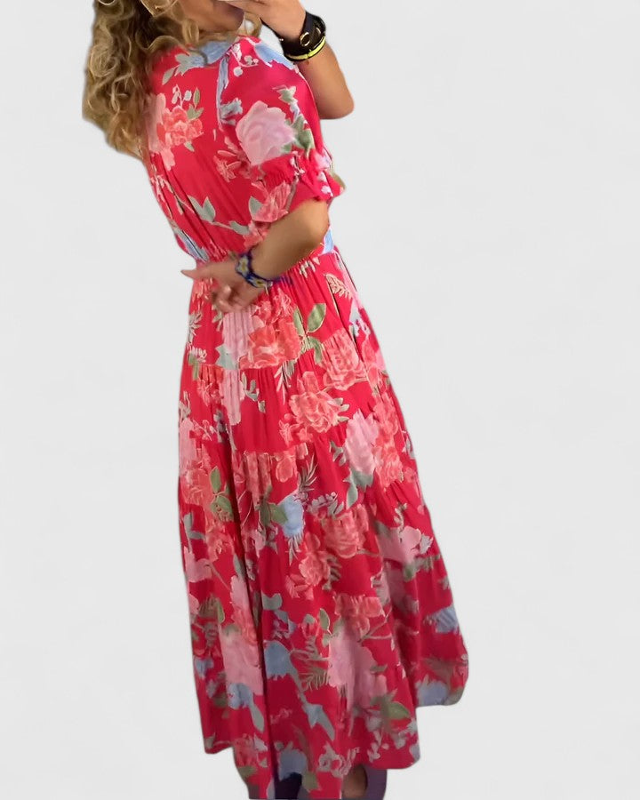 Cerise - Robe Florale Élégante à Décolleté en V