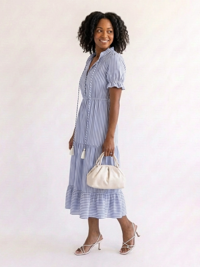 Glady - Robe Midi Rayée à Manches Courtes