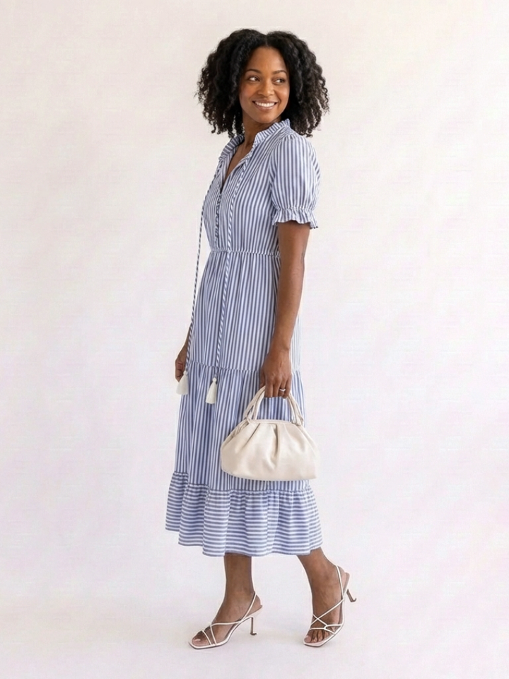 Glady - Robe Midi Rayée à Manches Courtes