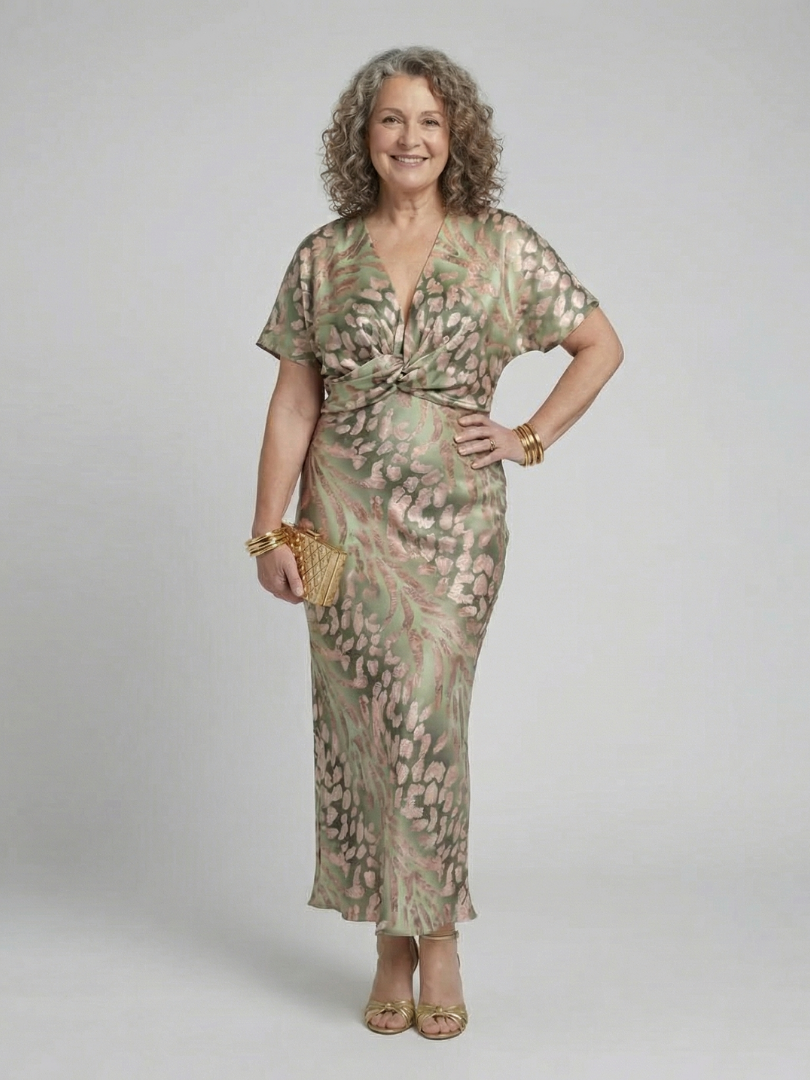 Caroline - Robe Midi à Encolure en V et Taille Drapée