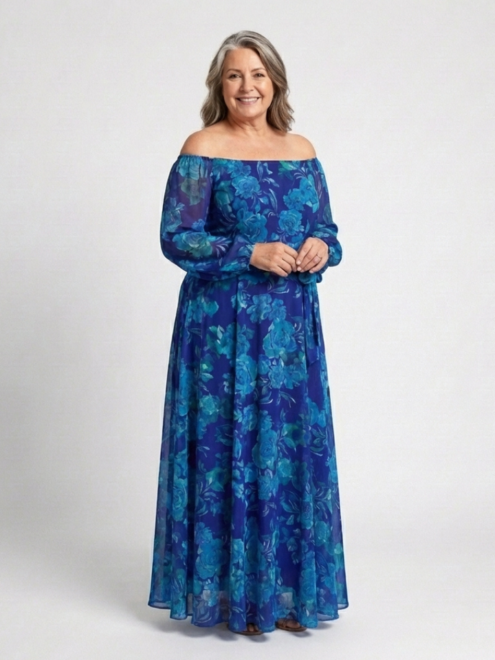 Pénélope - Robe Maxi Fleurie à Epaule Dégagée