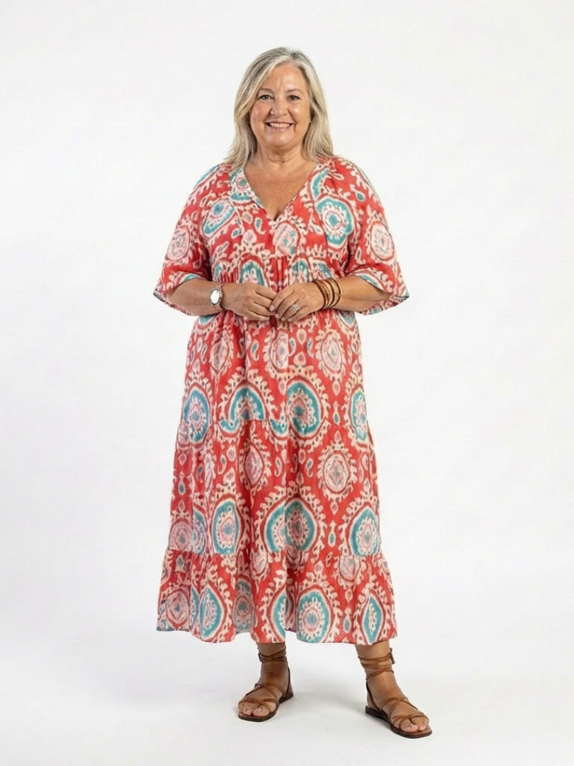 Ria - Robe Midi à Imprimé Paisley avec Encolure en V et Manches Courtes