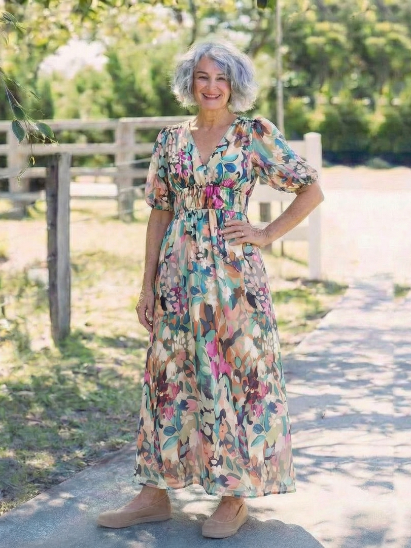 Lousey - Robe Midi à Manches Courtes et Col V