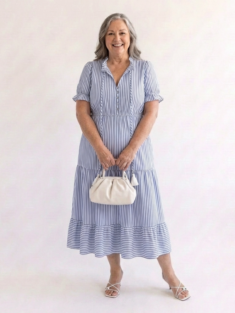Glady - Robe Midi Rayée à Manches Courtes