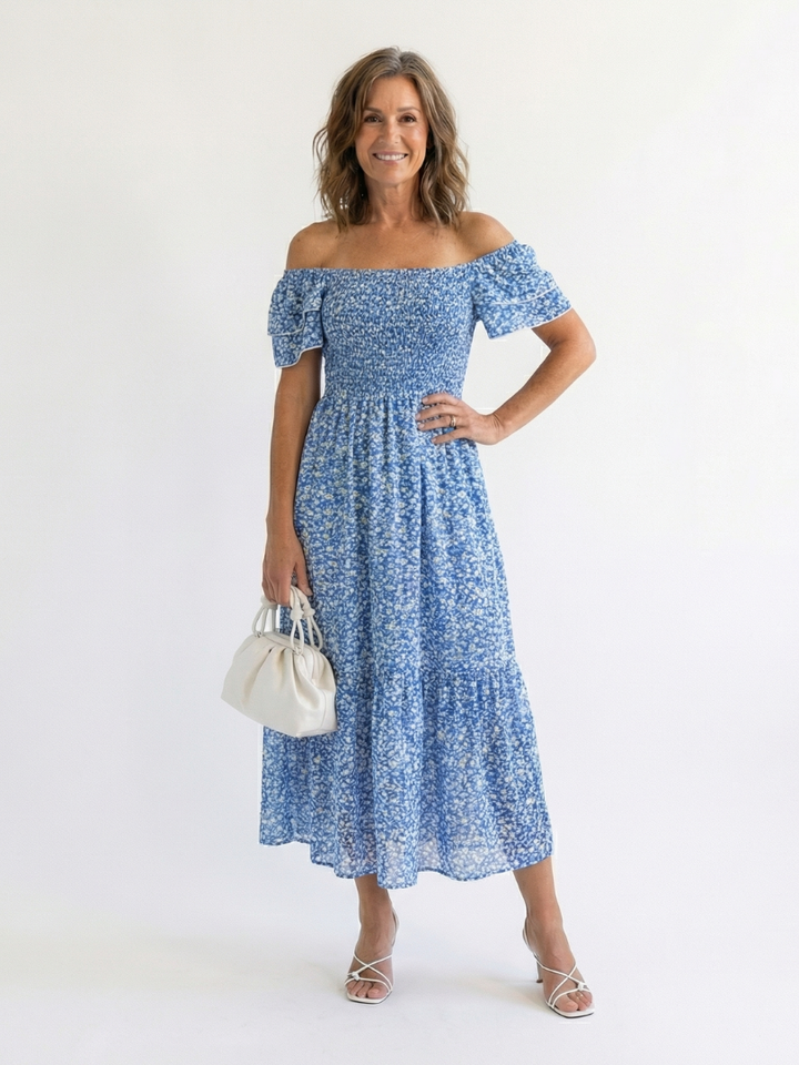 Olive - Robe Midi Fleurs à Épaules Dégagées