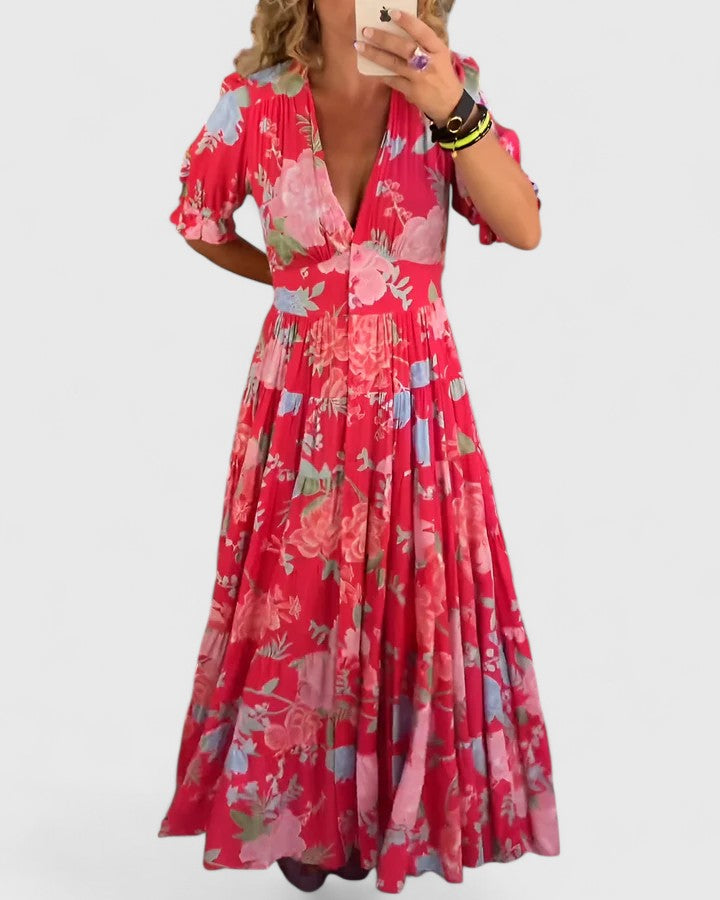 Cerise - Robe Florale Élégante à Décolleté en V