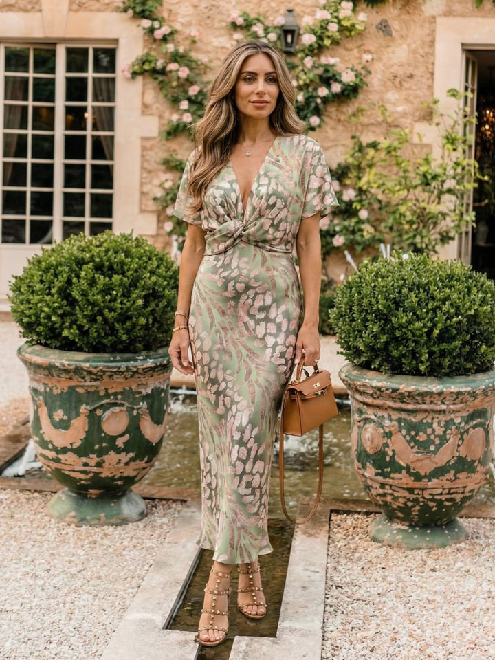 Caroline - Robe Midi à Encolure en V et Taille Drapée