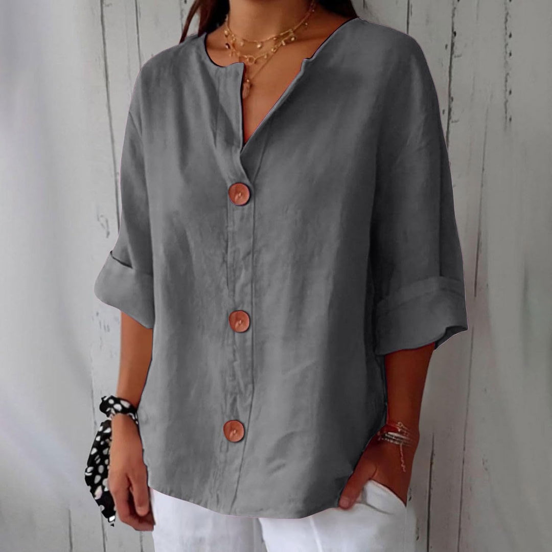 Maira – Chemise en Coton-Lin à Col V avec Boutons en Bois