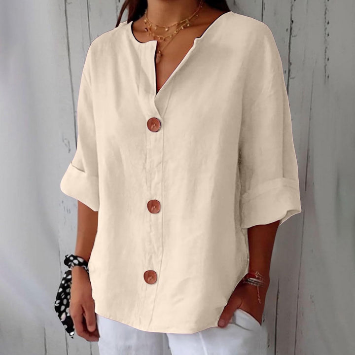 Maira – Chemise en Coton-Lin à Col V avec Boutons en Bois