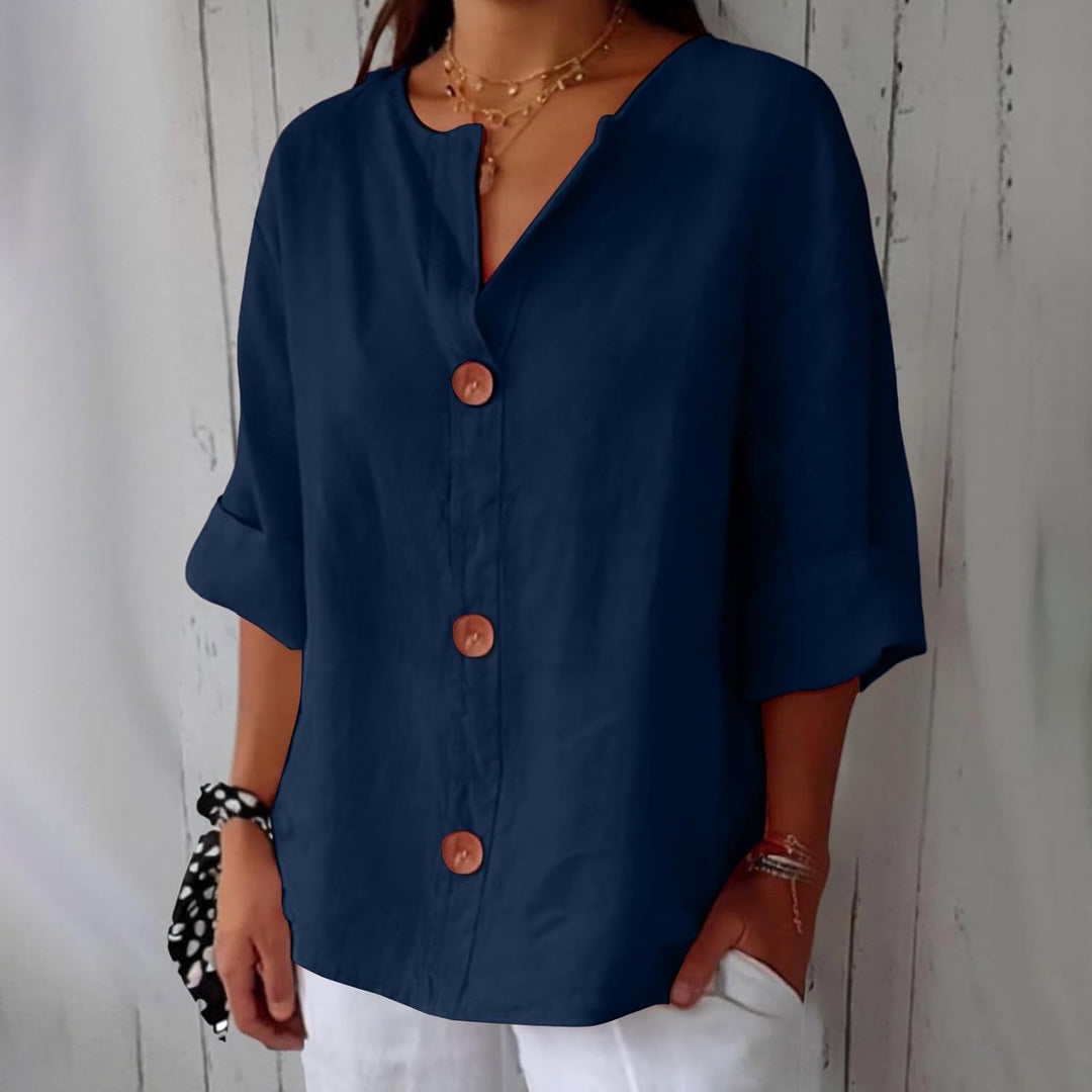 Maira – Chemise en Coton-Lin à Col V avec Boutons en Bois