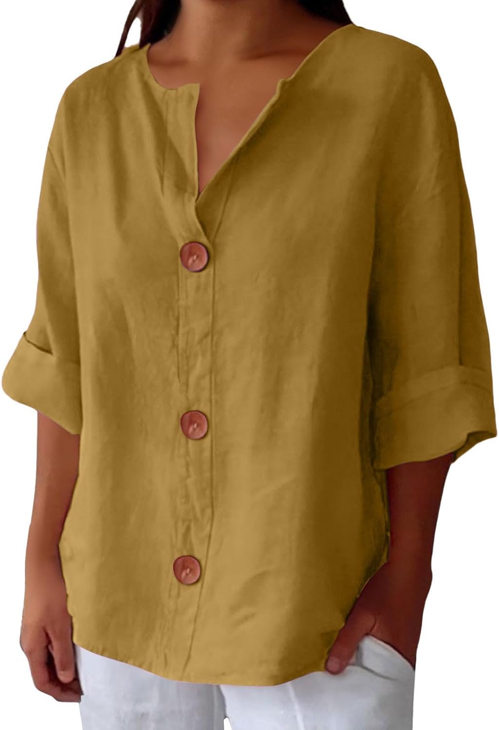 Maira – Chemise en Coton-Lin à Col V avec Boutons en Bois